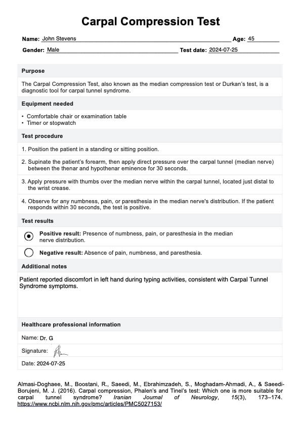 Carpal Compression Test PDF Example