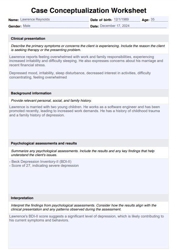 Case Conceptualization Worksheet PDF Example