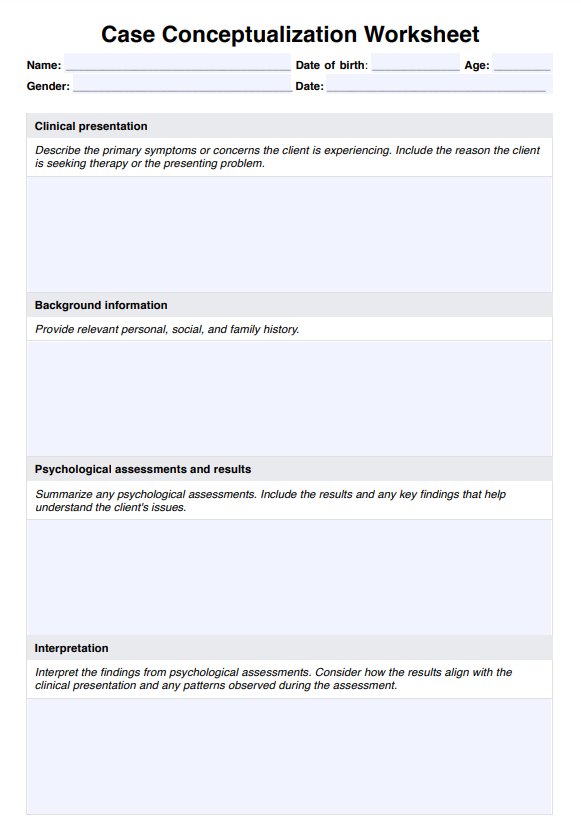 Hoja de ejercicios de conceptualización de casos PDF Example