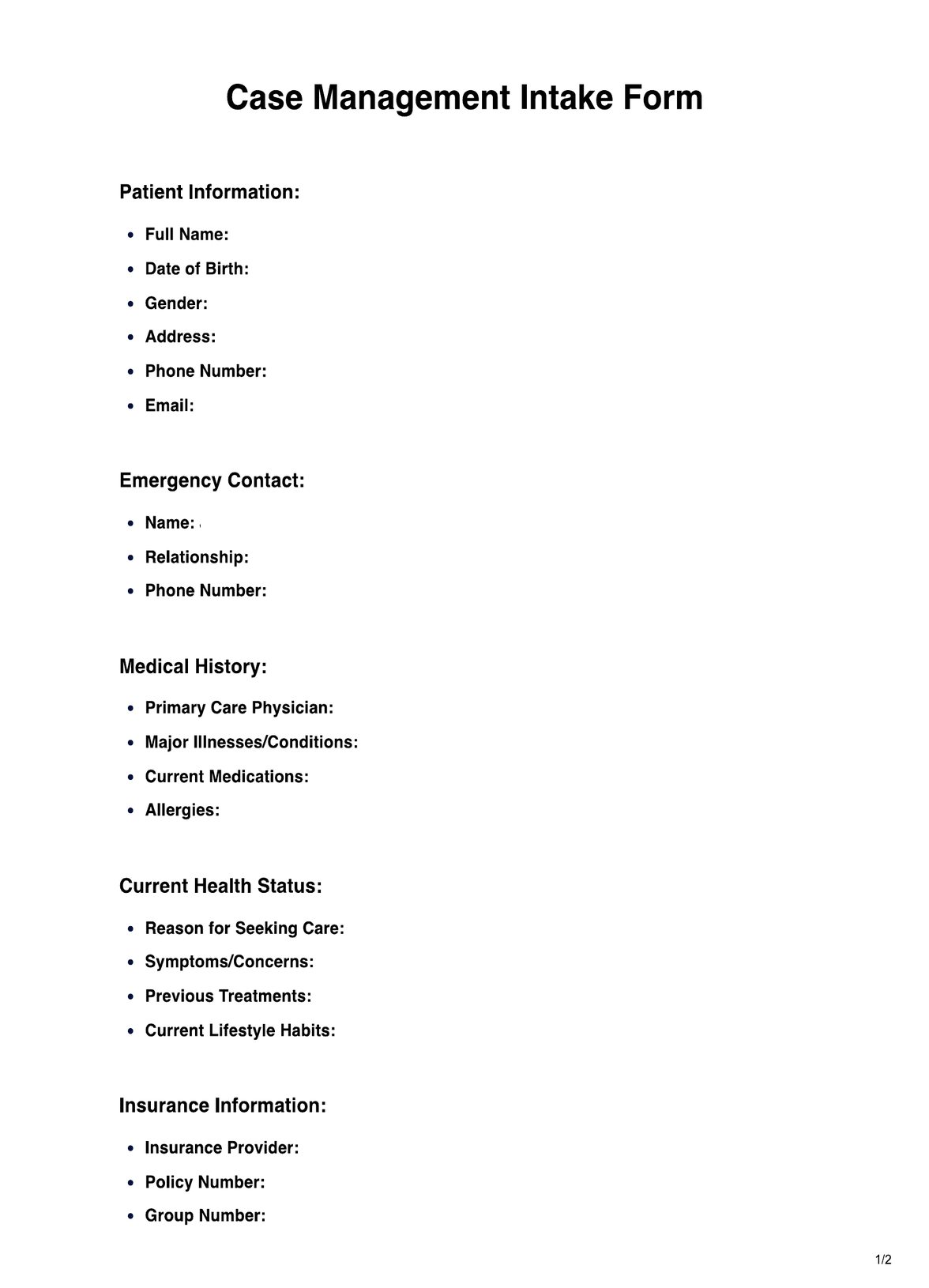 Case Management Intake Form Template PDF Example