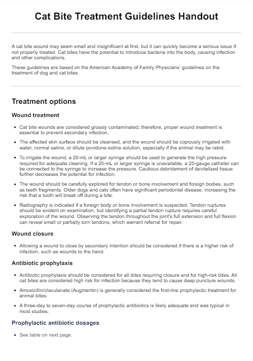 Cat Bite Treatment Guidelines Handout PDF Example