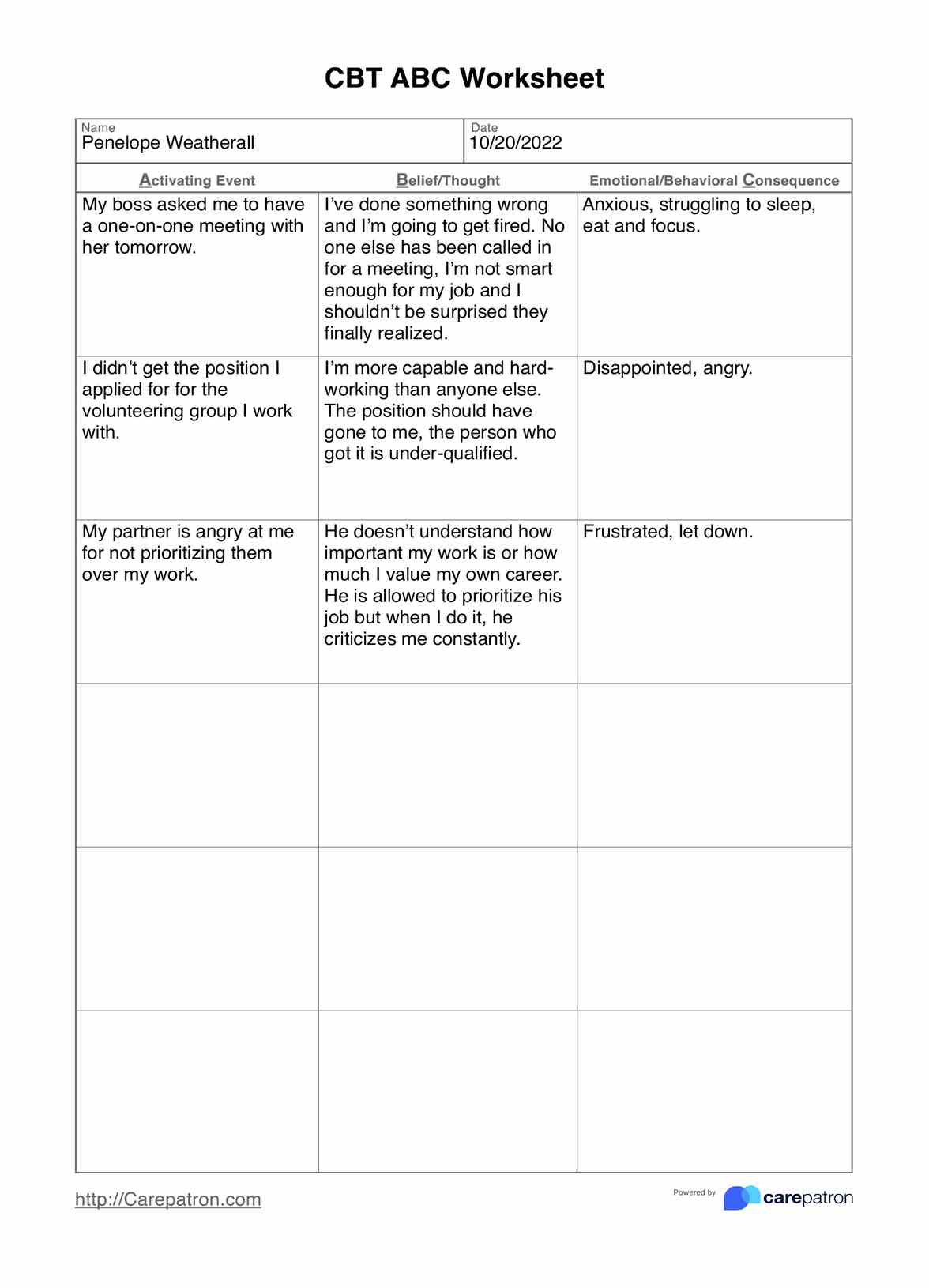 CBT ABC Worksheets PDF Example