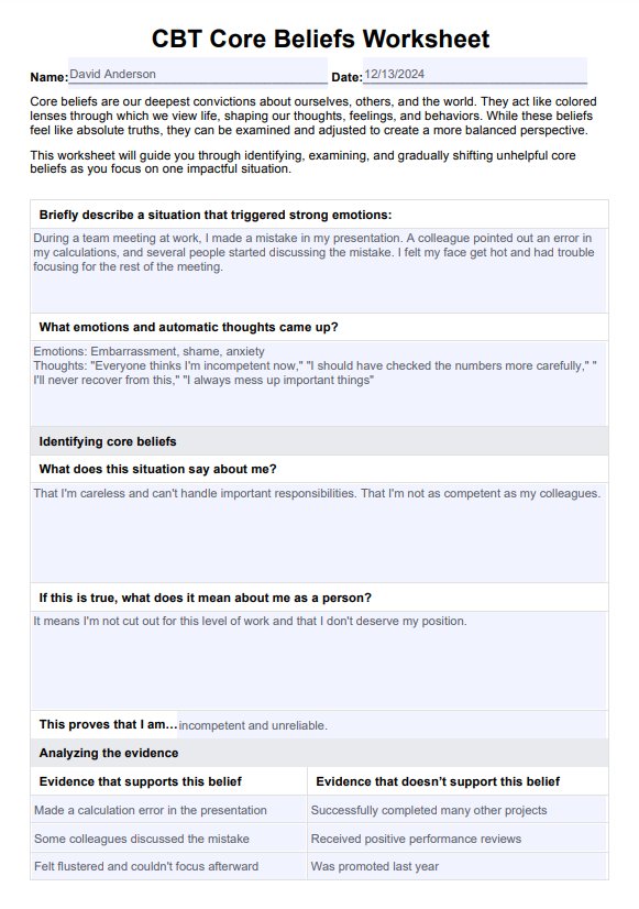 CBT Core Beliefs Worksheet PDF Example