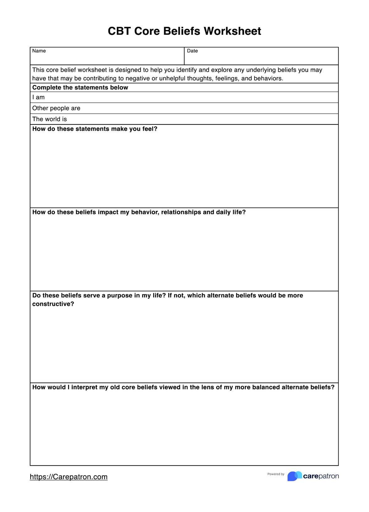 CBT Core Beliefs Worksheet PDF Example