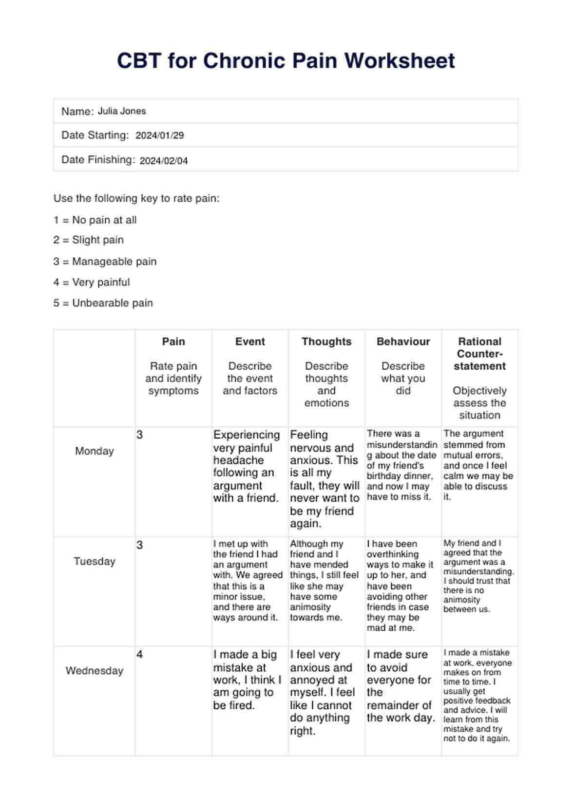 CBT for Chronic Pain Worksheet PDF Example