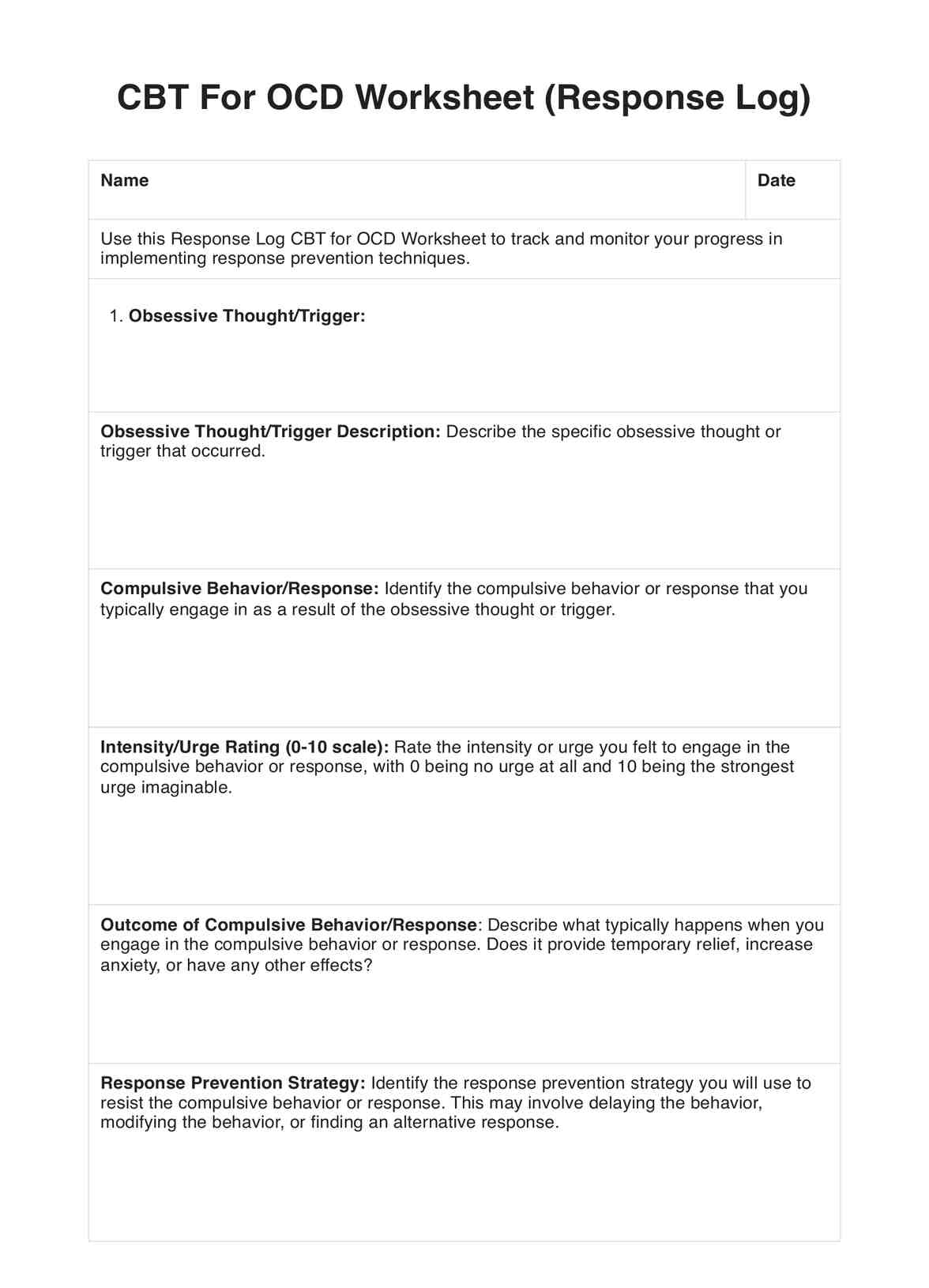 CBT For OCD Worksheet PDF Example