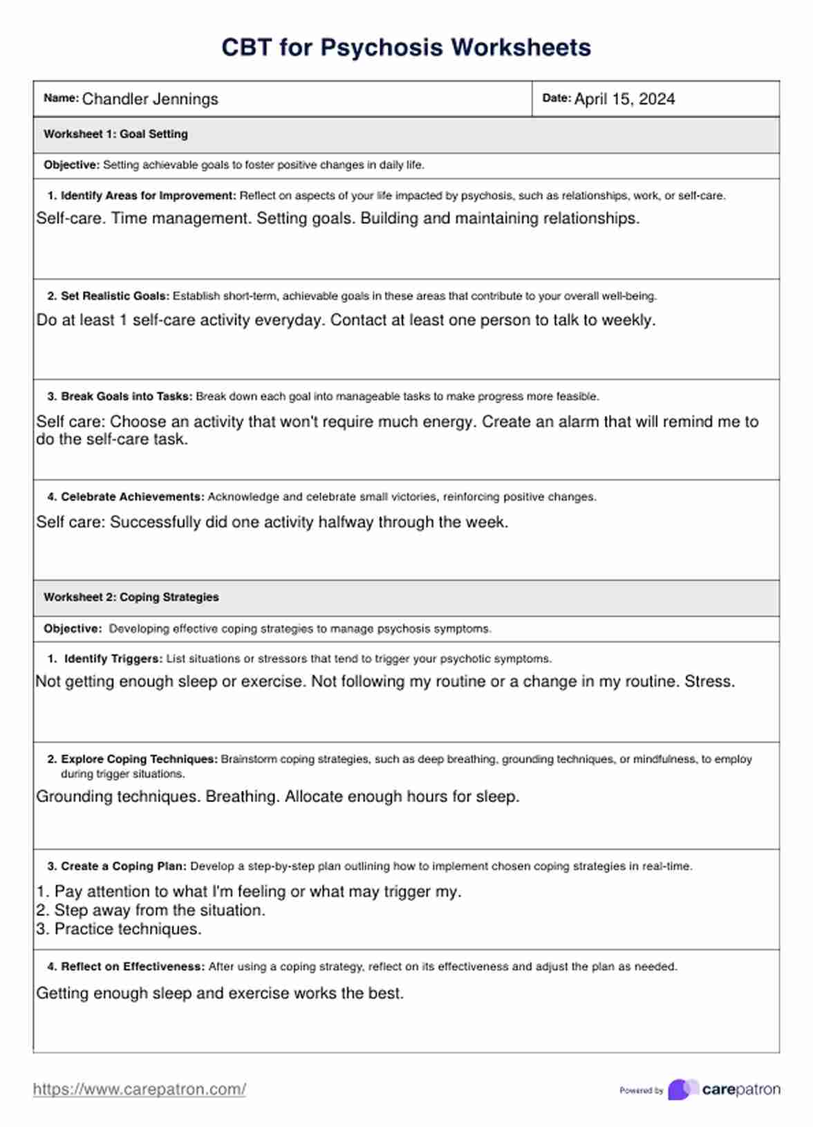 CBT for Psychosis Worksheets PDF Example