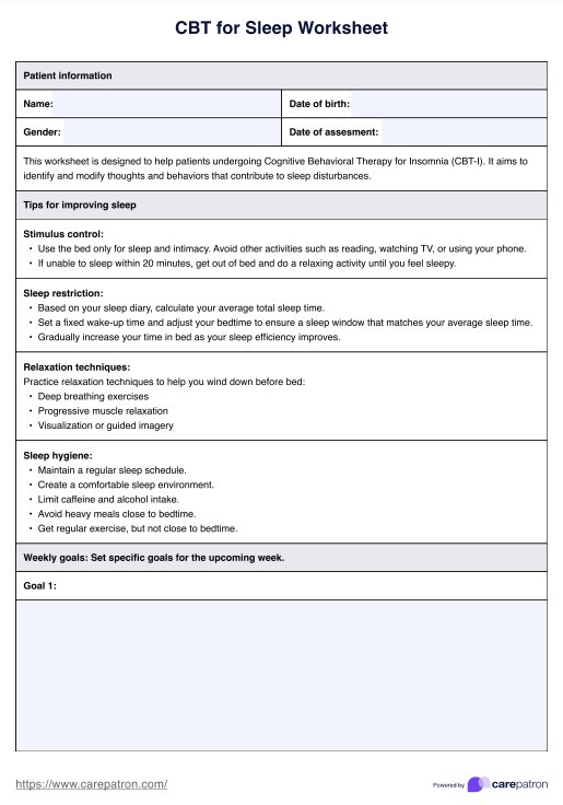 CBT for Sleep Worksheet PDF Example