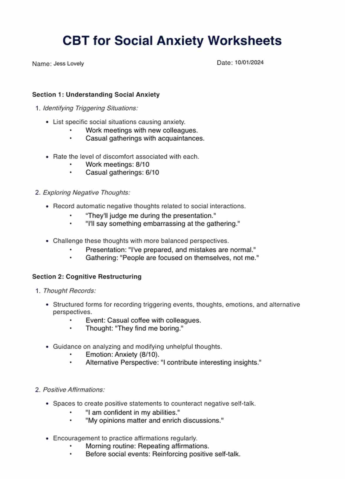 CBT for Social Anxiety Worksheets PDF PDF Example
