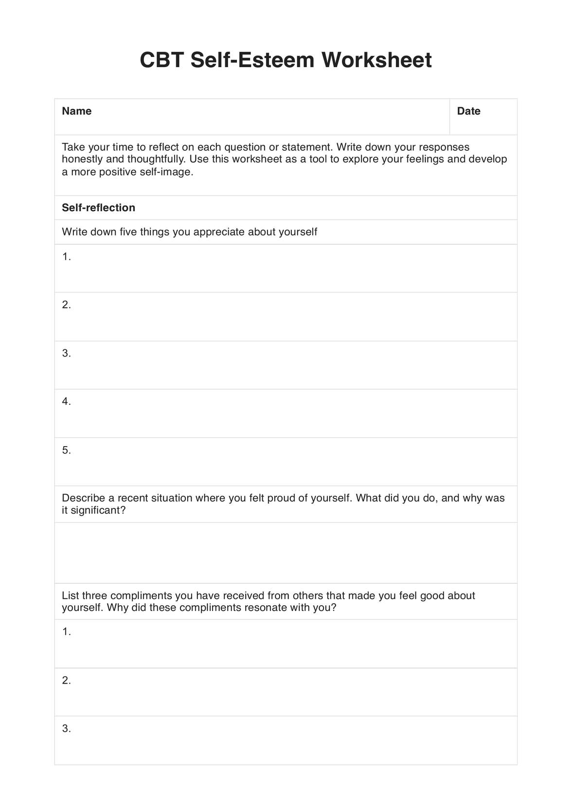 CBT Self Esteem Worksheet PDF Example