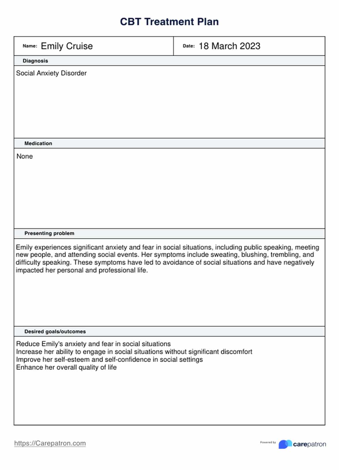 CBT Treatment Plans PDF Example