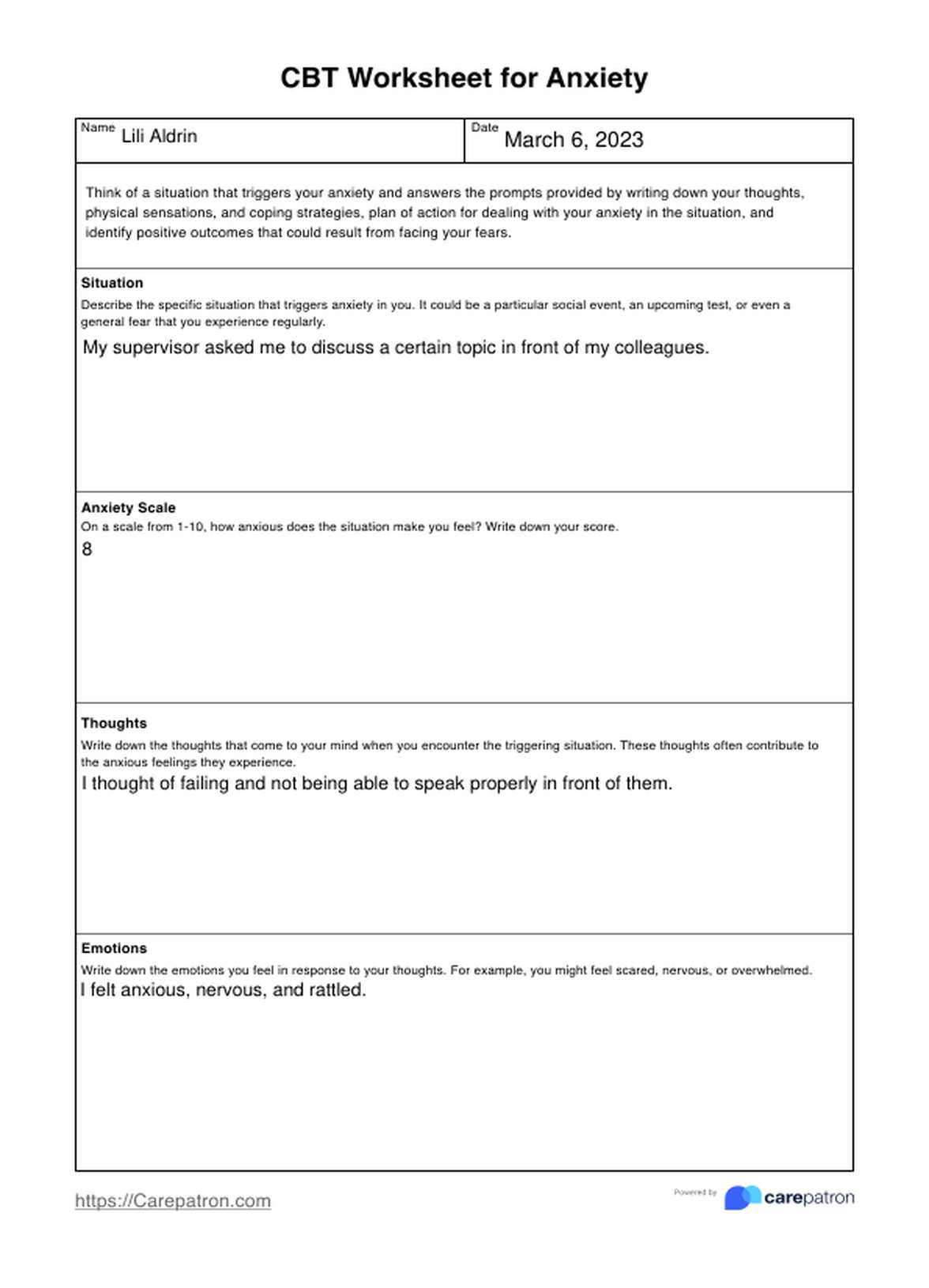 CBT Worksheet for Anxiety PDF Example