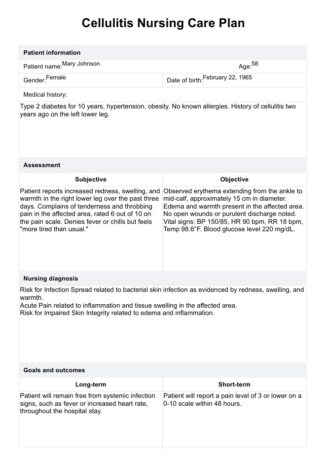 Modelo de plano de cuidados de enfermagem para celulite PDF Example