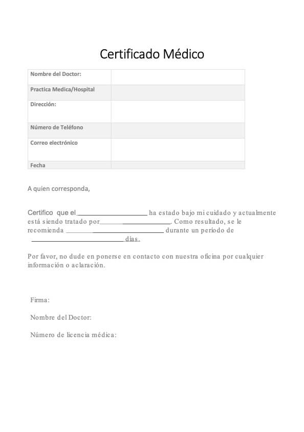 Plantilla de Certificado Médico PDF Example