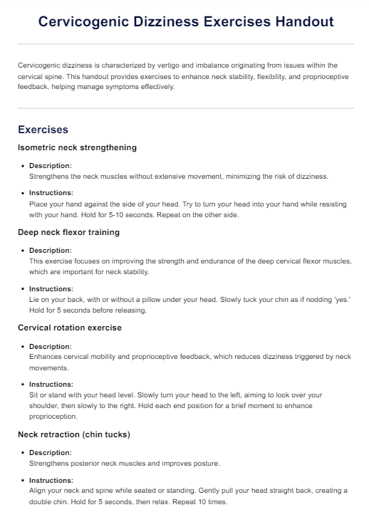 Folleto de ejercicios para mareos cervicogénicos PDF Example