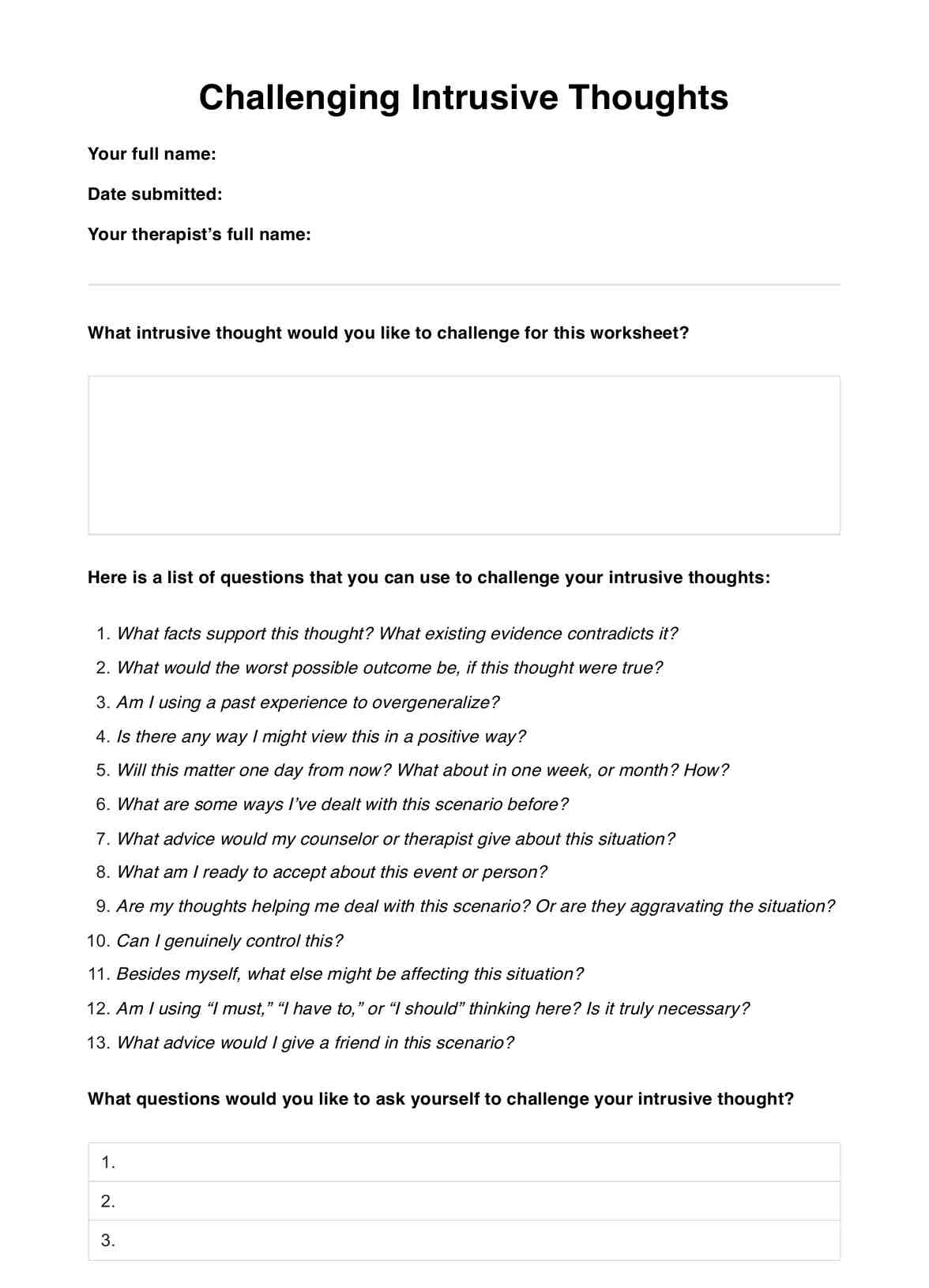 Challenging Intrusive Thoughts Worksheet PDF Example