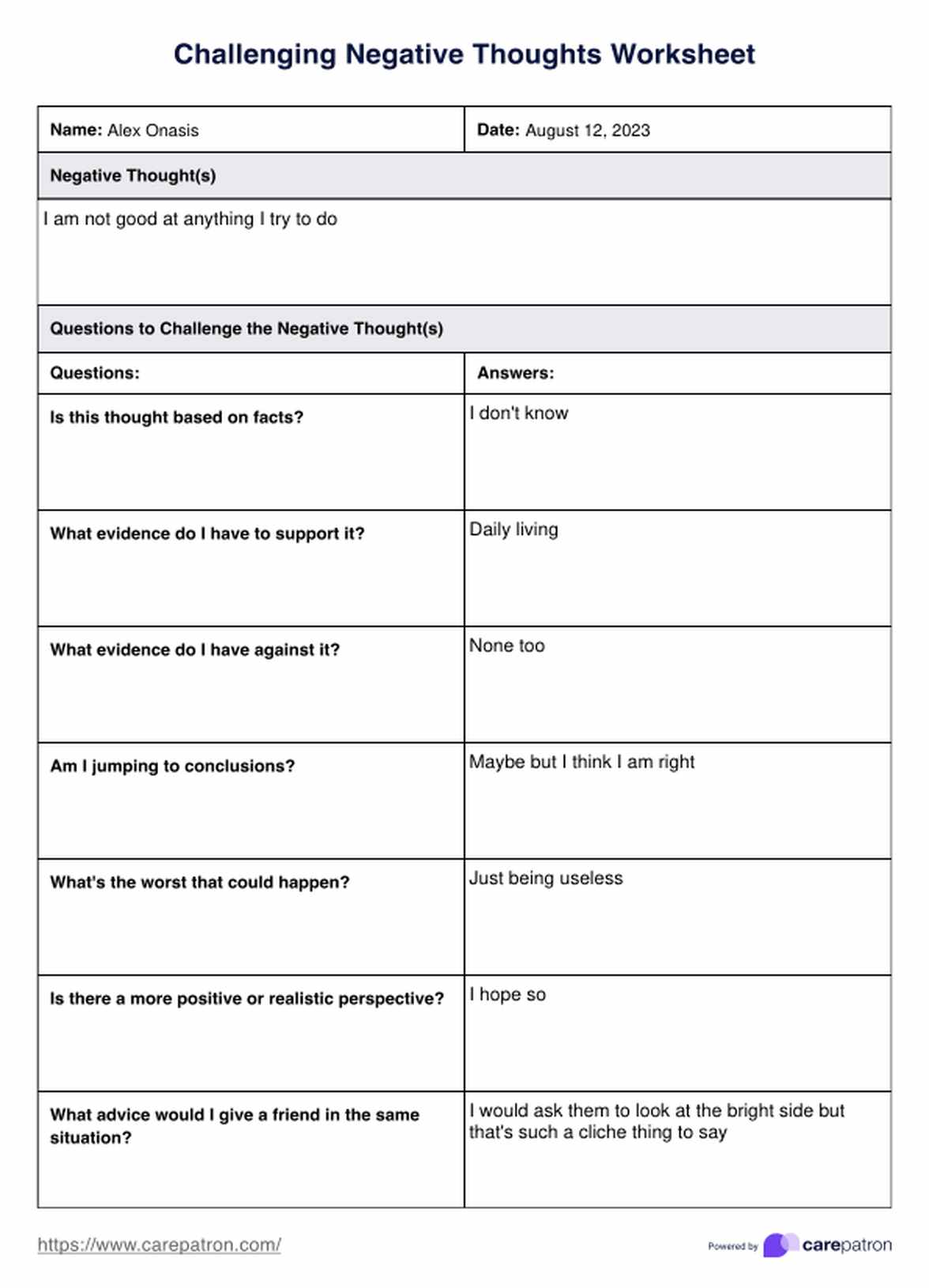 Challenging Negative Thoughts Worksheet PDF Example