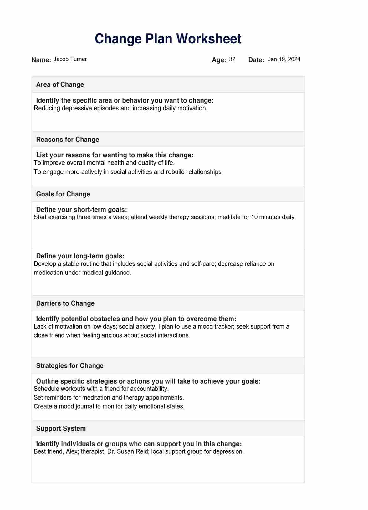 Change Plan Worksheet PDF Example
