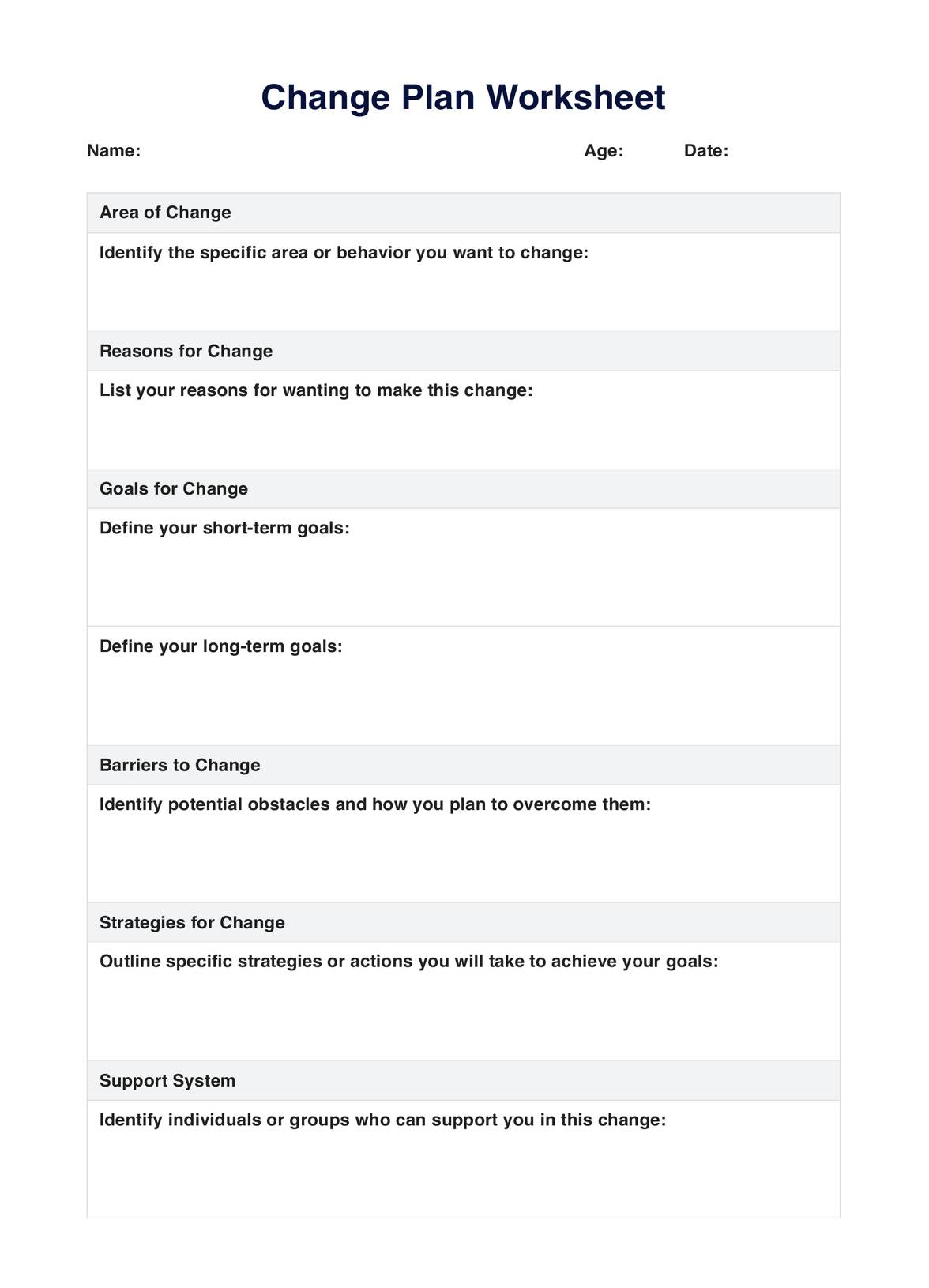 Hoja de Ejercicios de Plan de cambio PDF Example