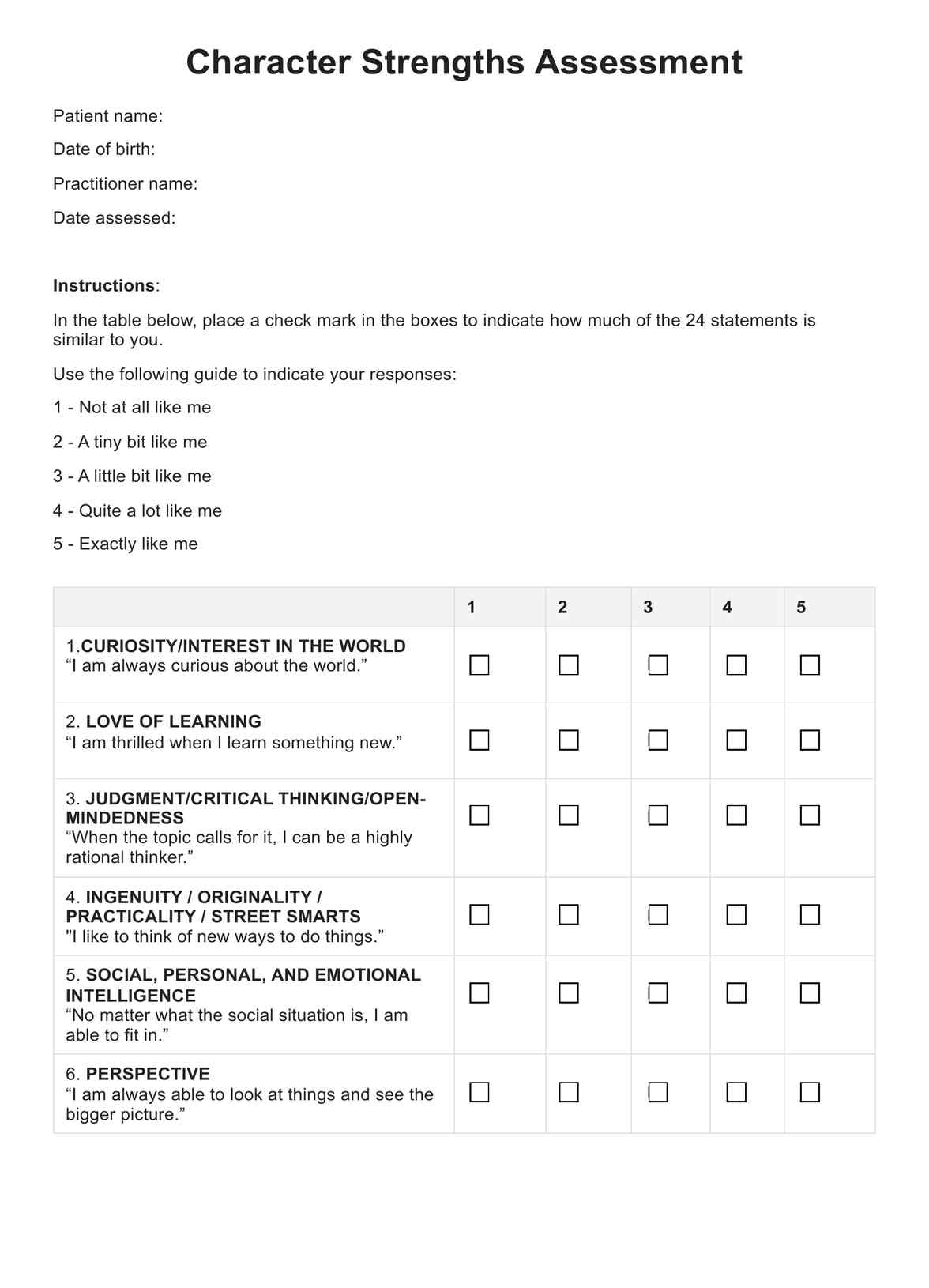 Character Strengths Assessment PDF Example