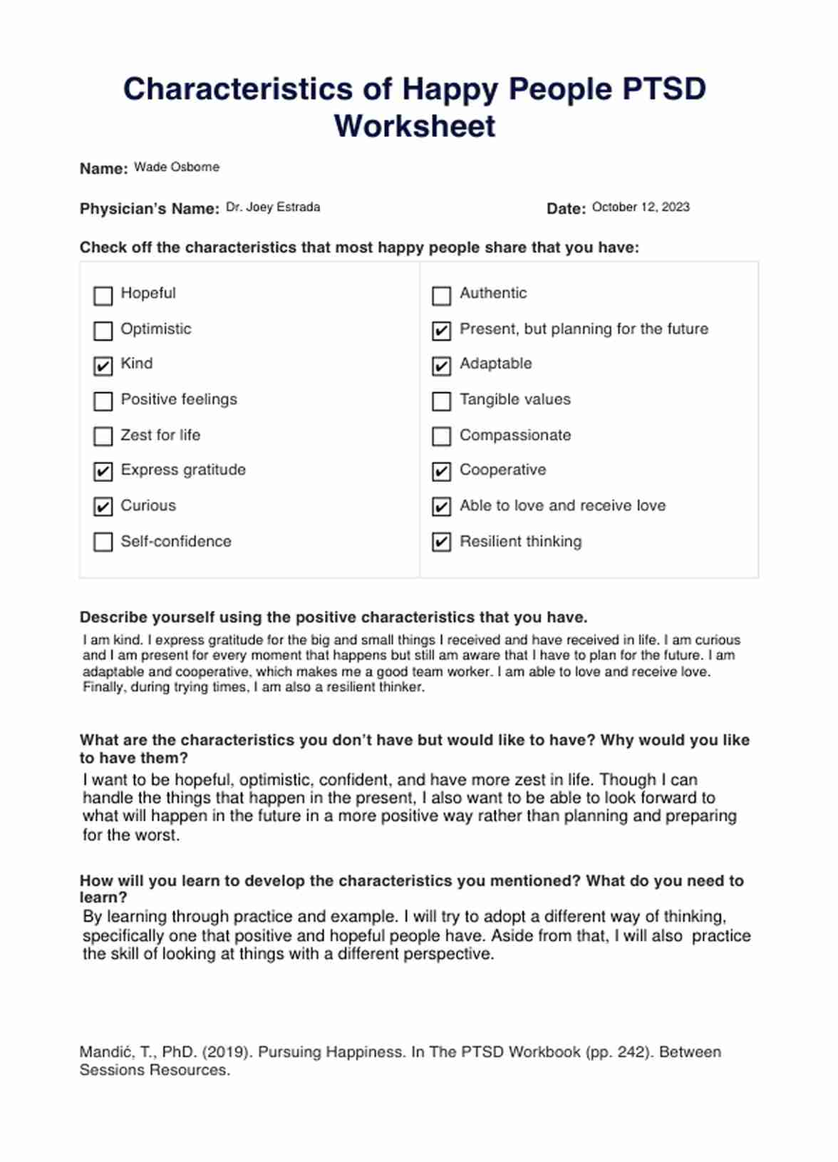Characteristics of Happy People PTSD Worksheet PDF Example