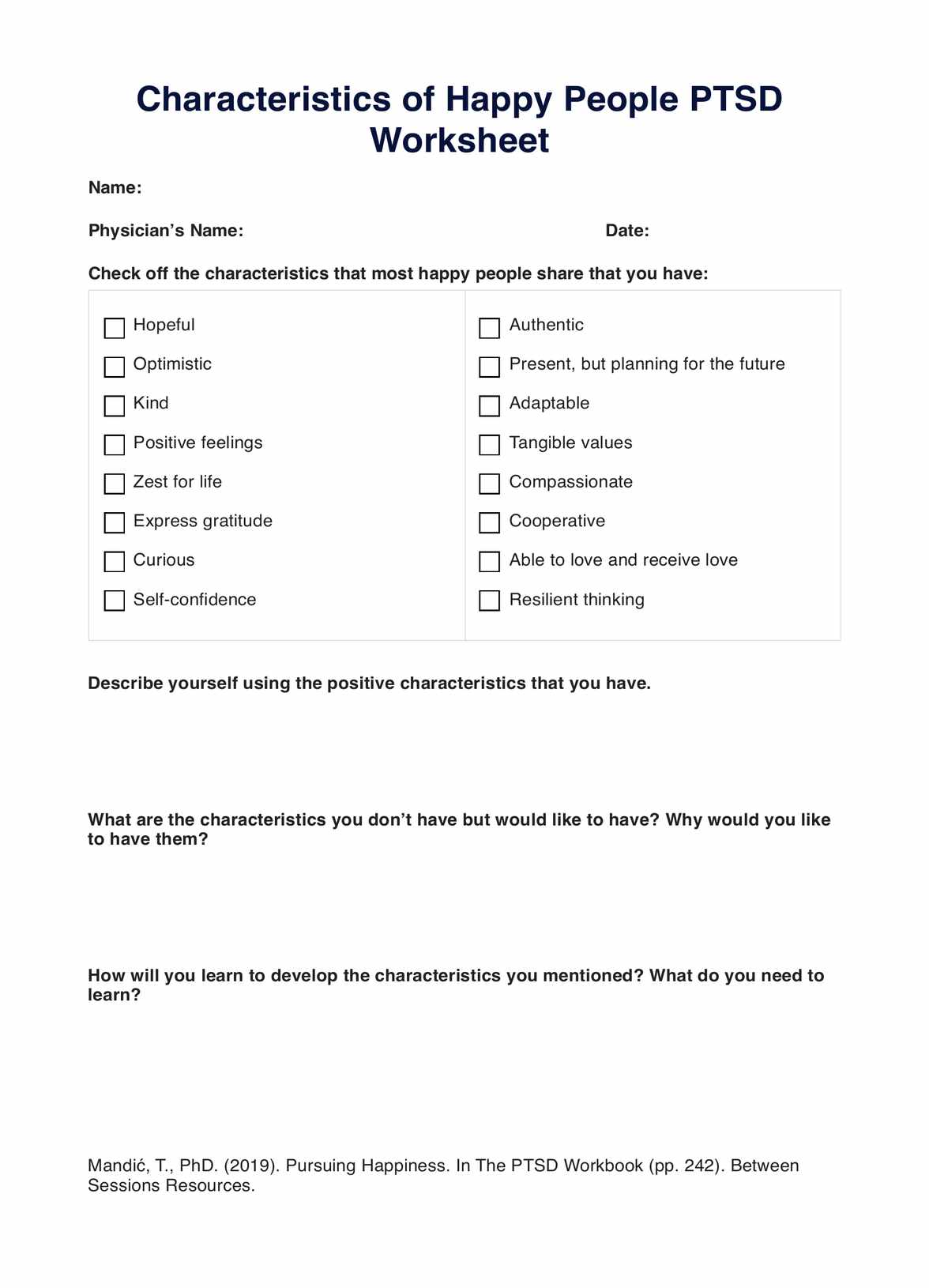 Characteristics of Happy People PTSD Worksheet PDF Example