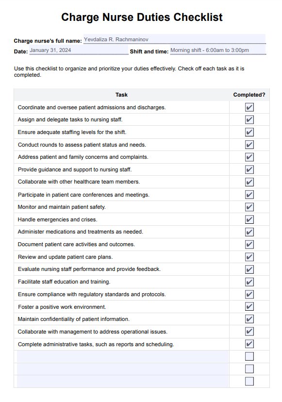 Checklist de deberes de la enfermera de guardia PDF Example