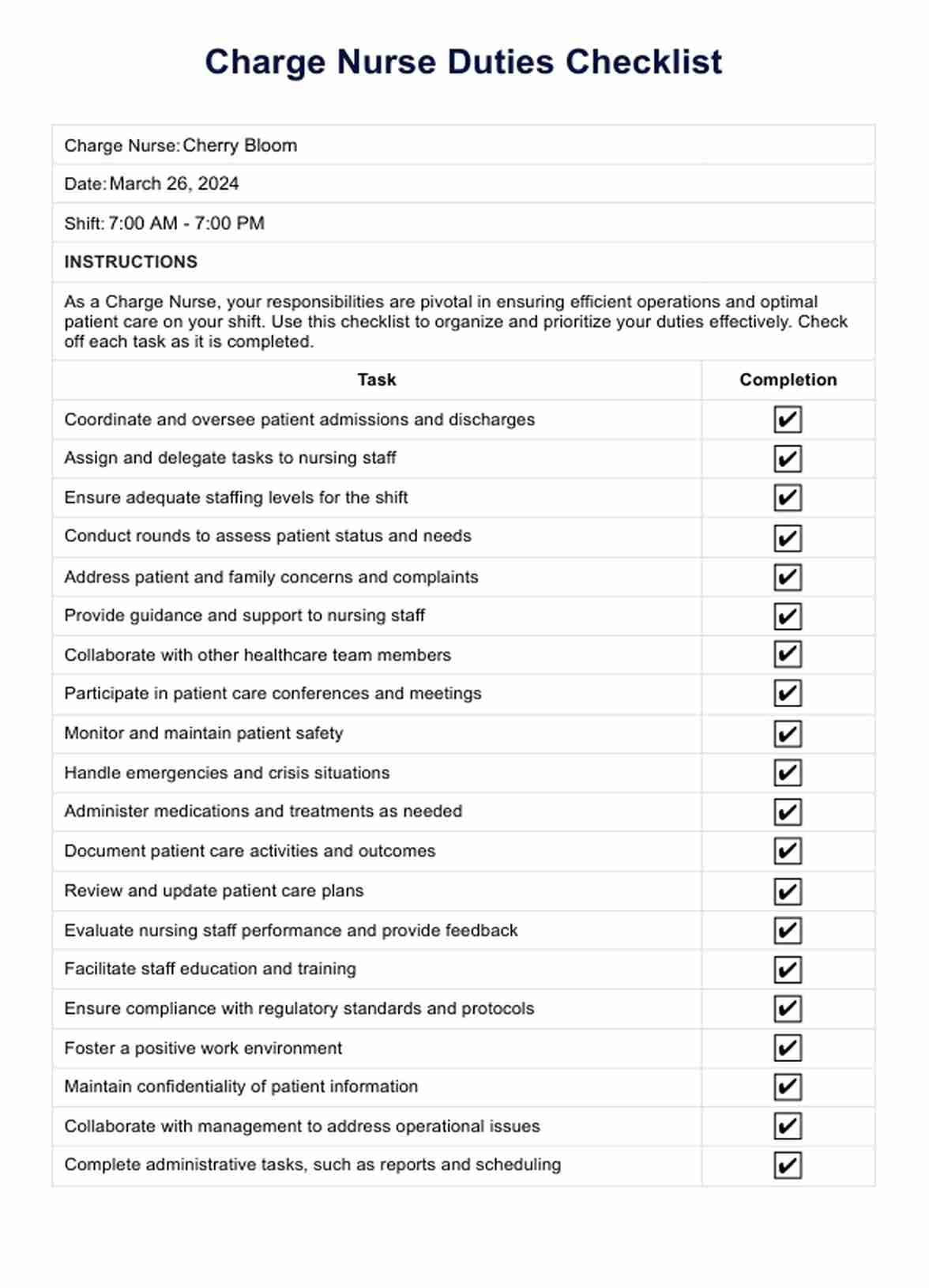 Charge Nurse Duties Checklist PDF Example