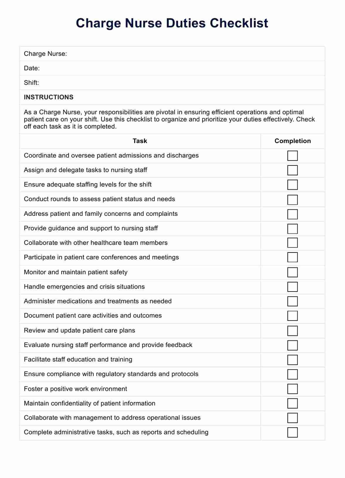 Charge Nurse Duties Checklist PDF Example
