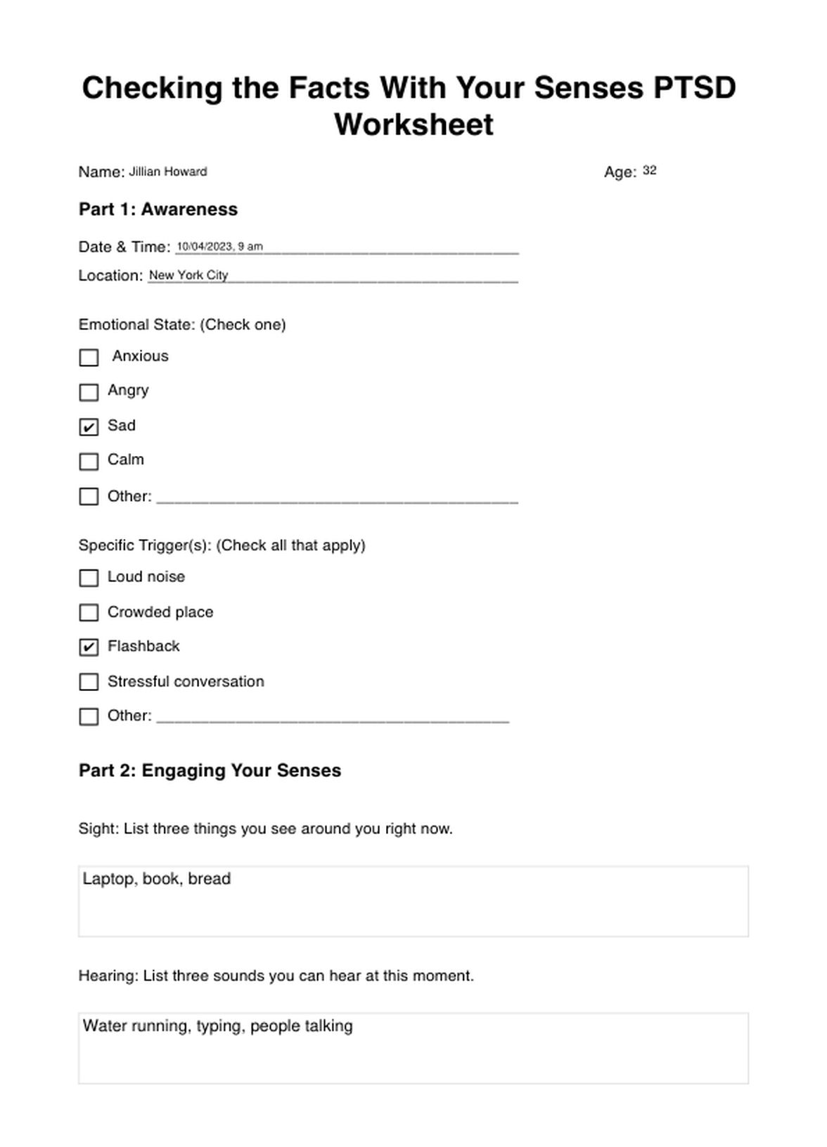 Checking the Facts With Your Senses PTSD Worksheet PDF Example