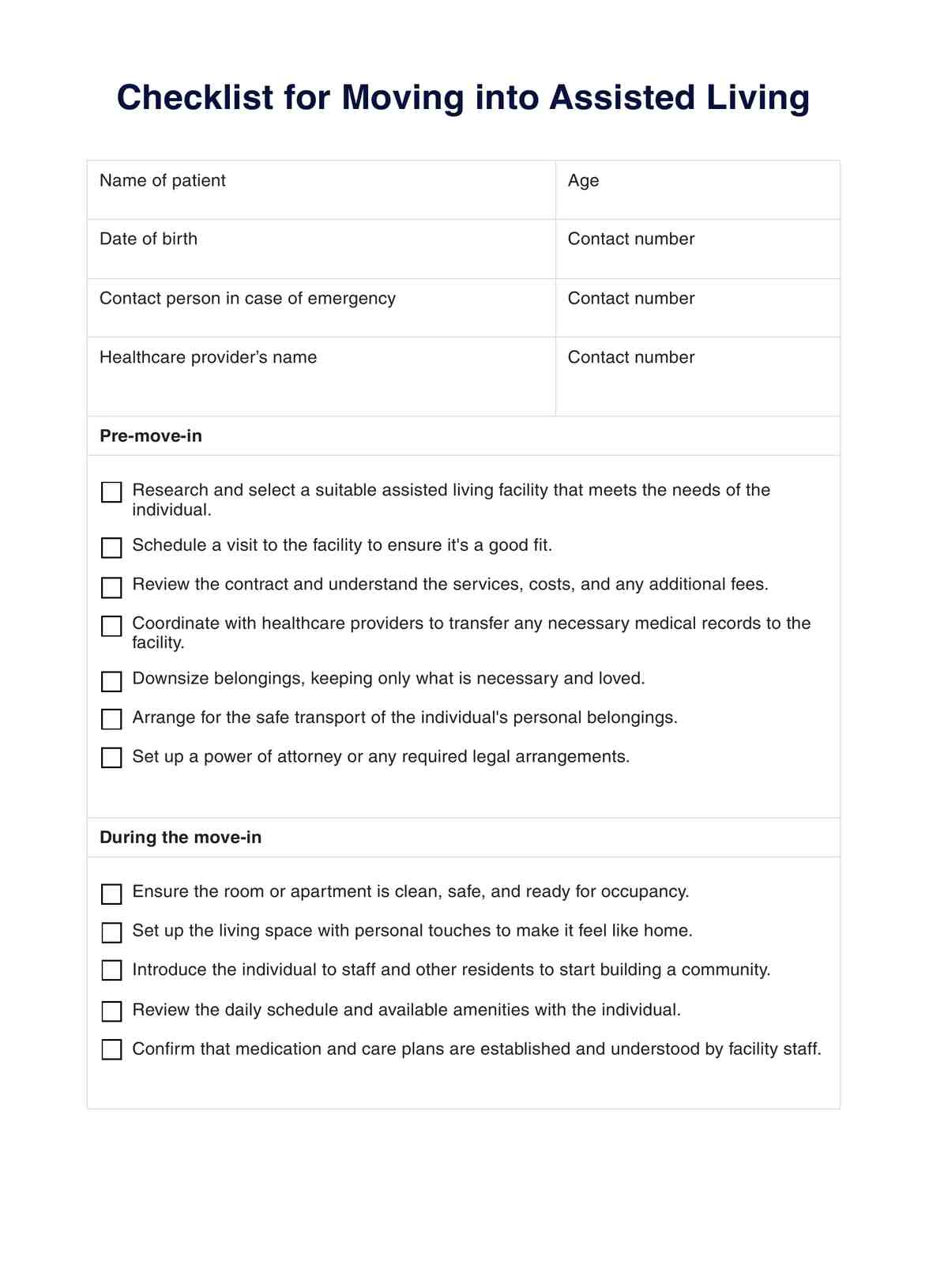 Checklist for Moving into Assisted Living PDF Example