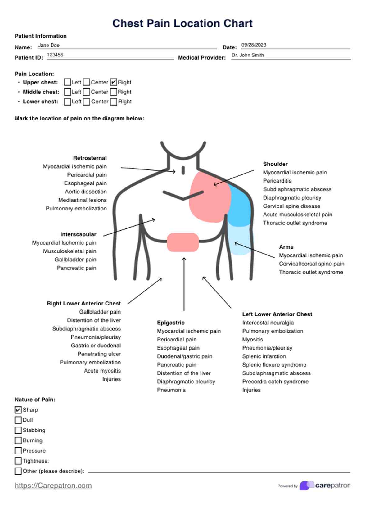 Chest Pain Location Charts PDF Example