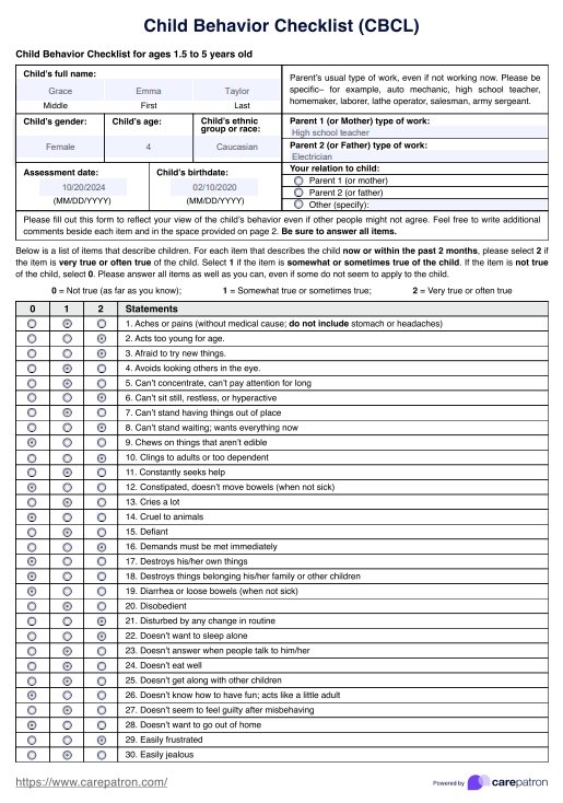 Checklist de verificación del comportamiento infantil (CBCL) PDF Example