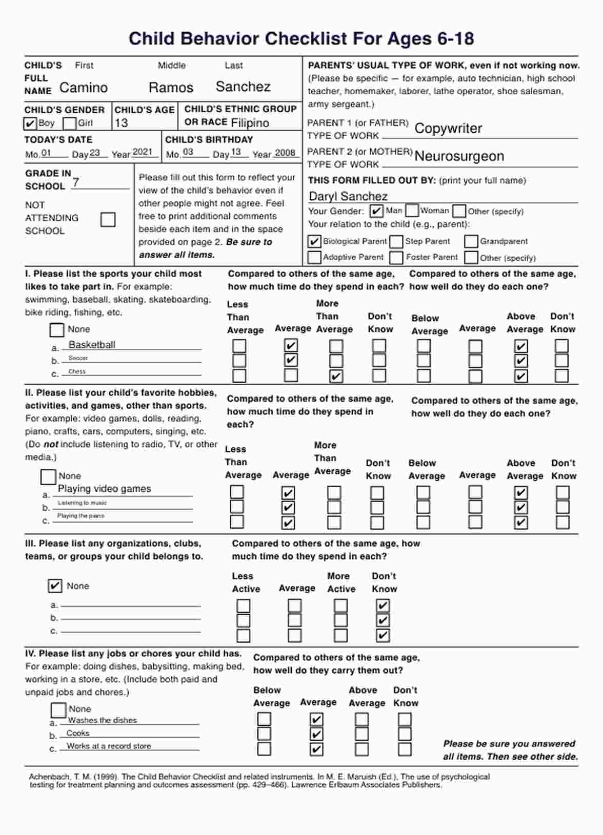 Checklist de verificación del comportamiento infantil (CBCL) PDF Example