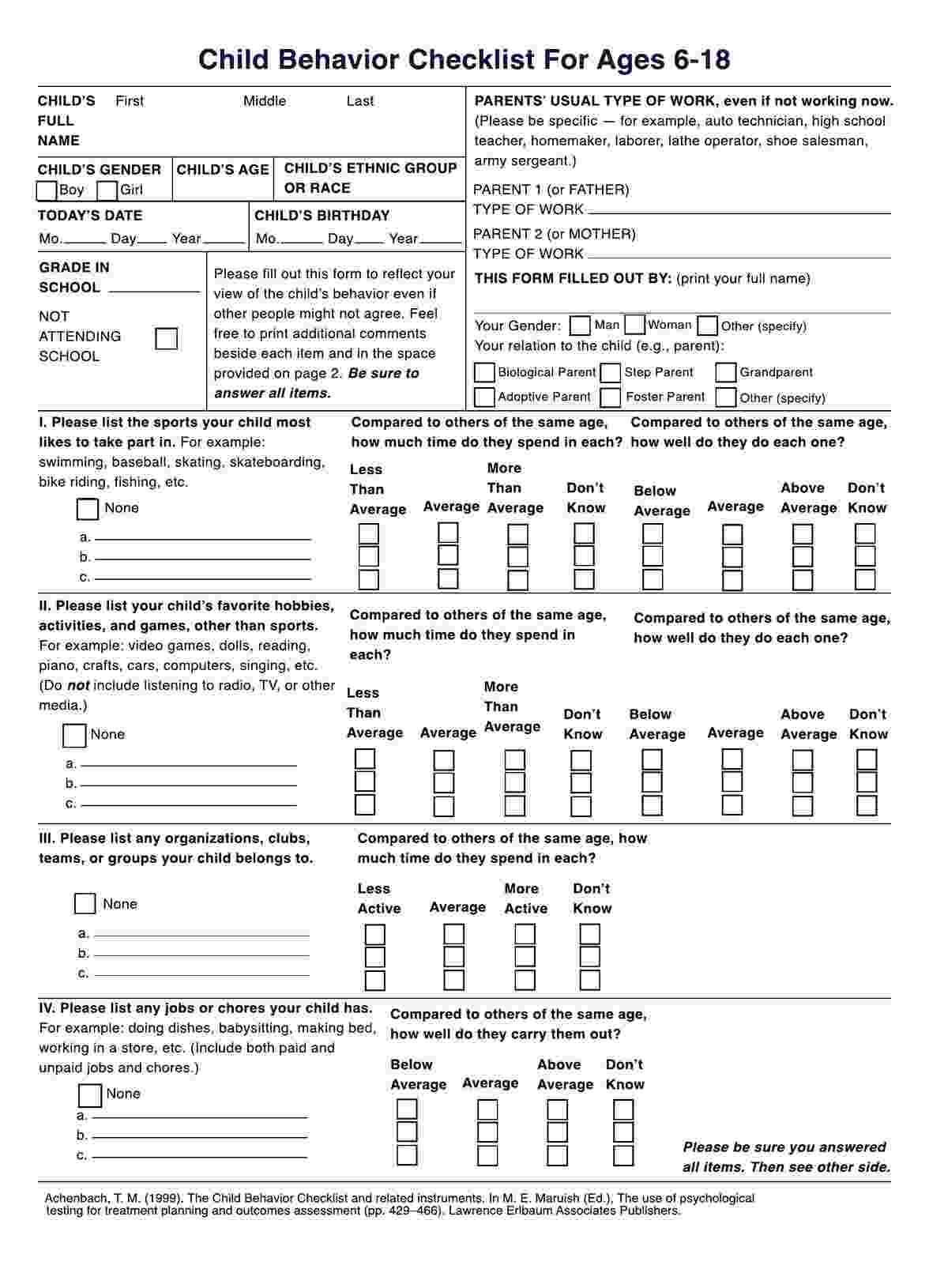 Child Behavior Checklist (CBCL) PDF Example