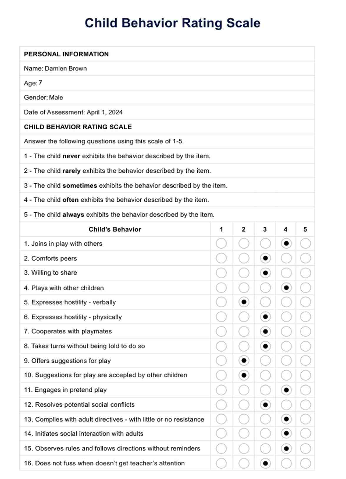 Behavior Rating Scale PDF Example