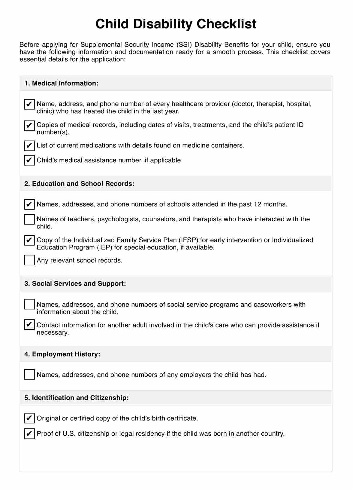 Child Disability Checklist PDF Example