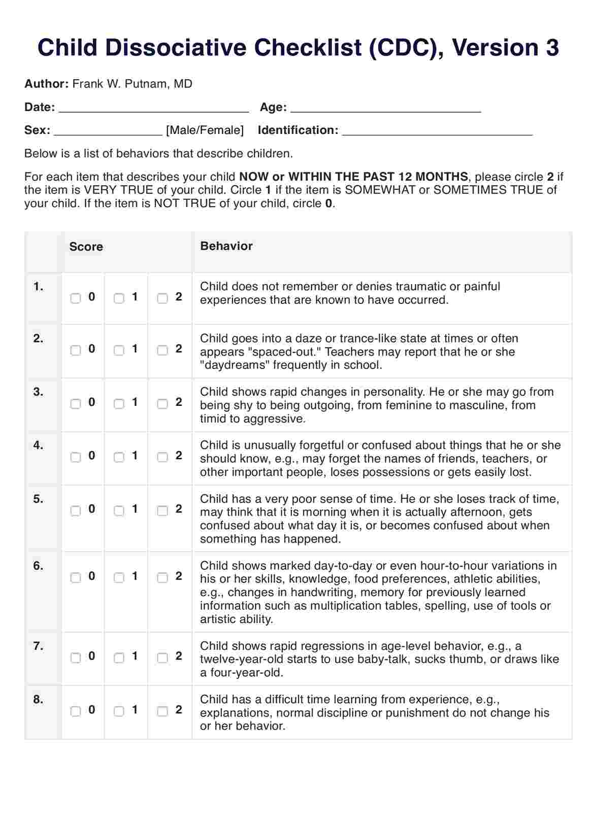 Child Dissociative Checklist PDF Example
