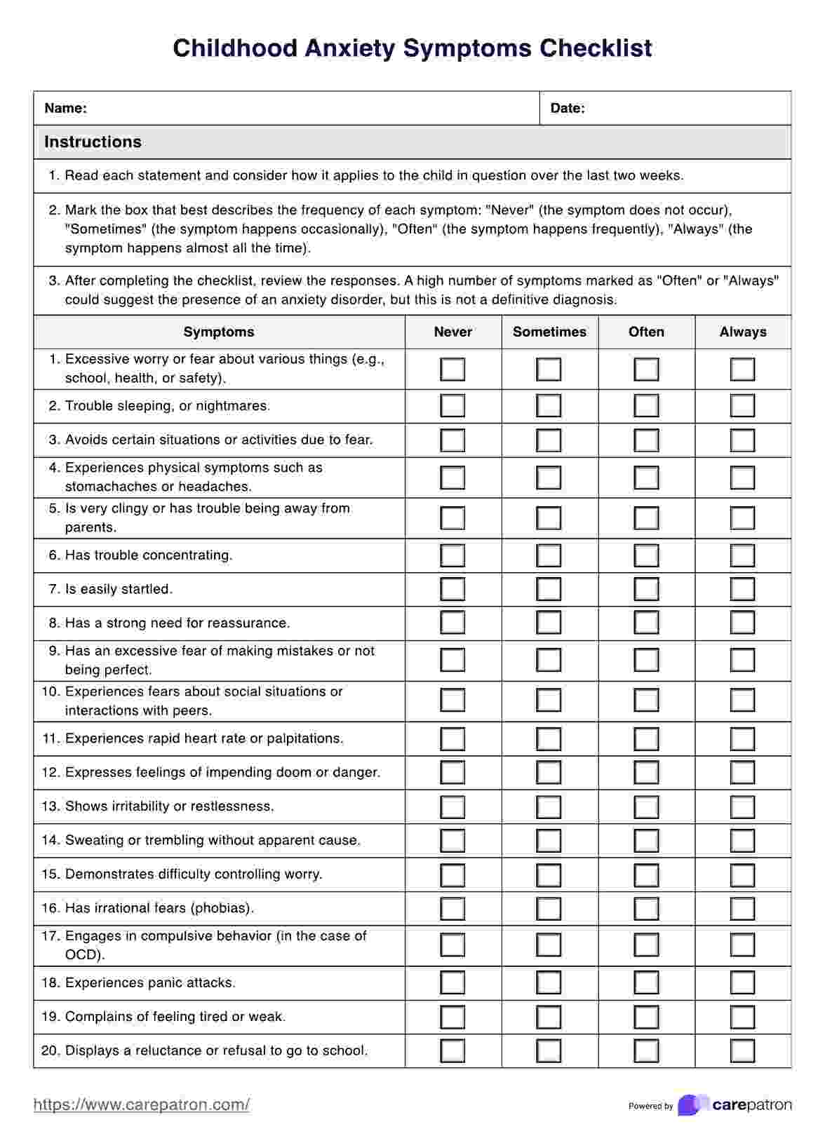 Childhood Anxiety Symptoms Checklist PDF Example