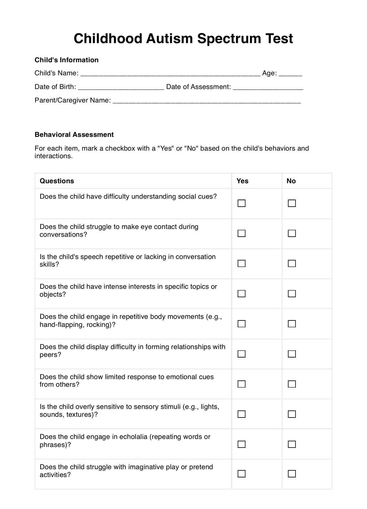 Childhood Autism Spectrum Test PDF Example