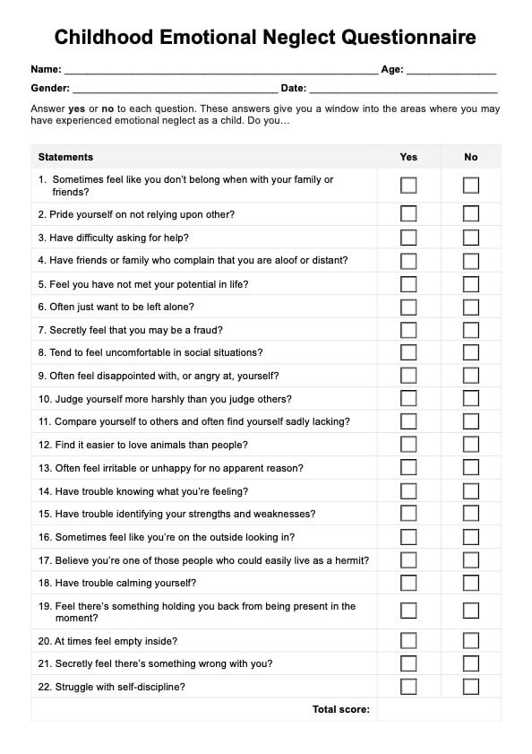 Childhood Emotional Neglect Test PDF Example