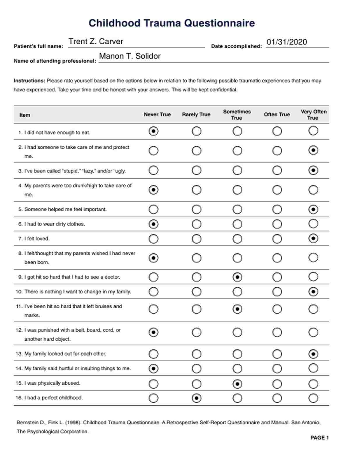 Childhood Trauma Questionnaire PDF Example