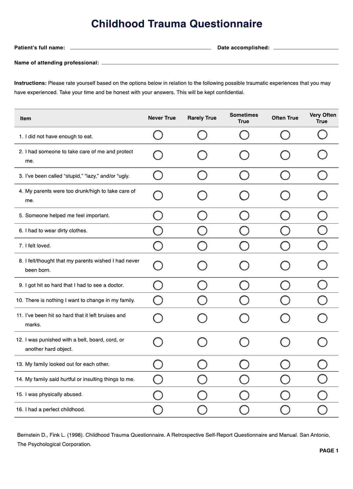 Childhood Trauma Questionnaire PDF Example