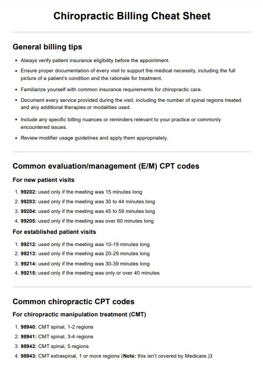 Hoja de referencia sobre facturación quiropráctica PDF Example