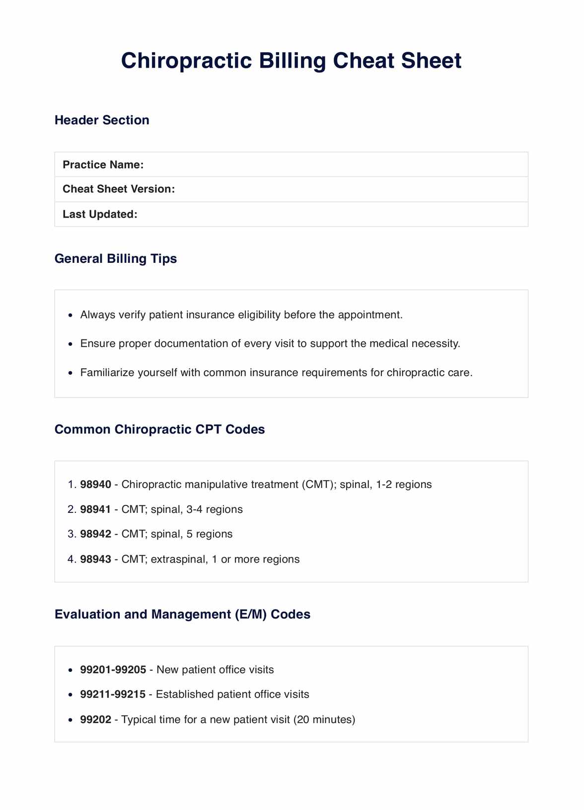 Chiropractic Billing Cheat Sheet PDF Example