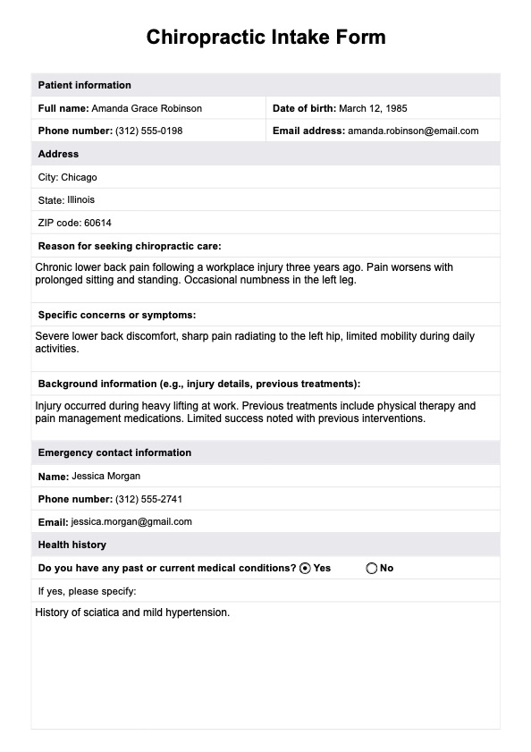 Chiropractic Intake Form PDF Example