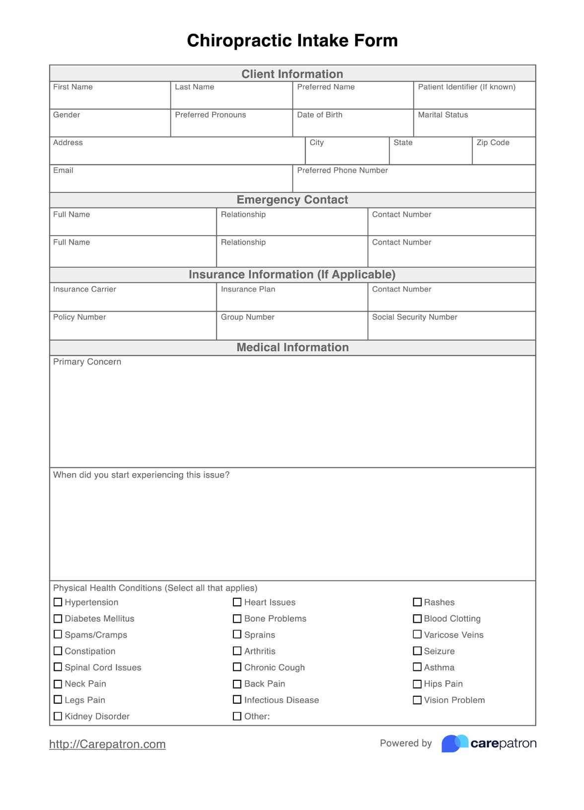 Chiropractic Intake Form PDF Example