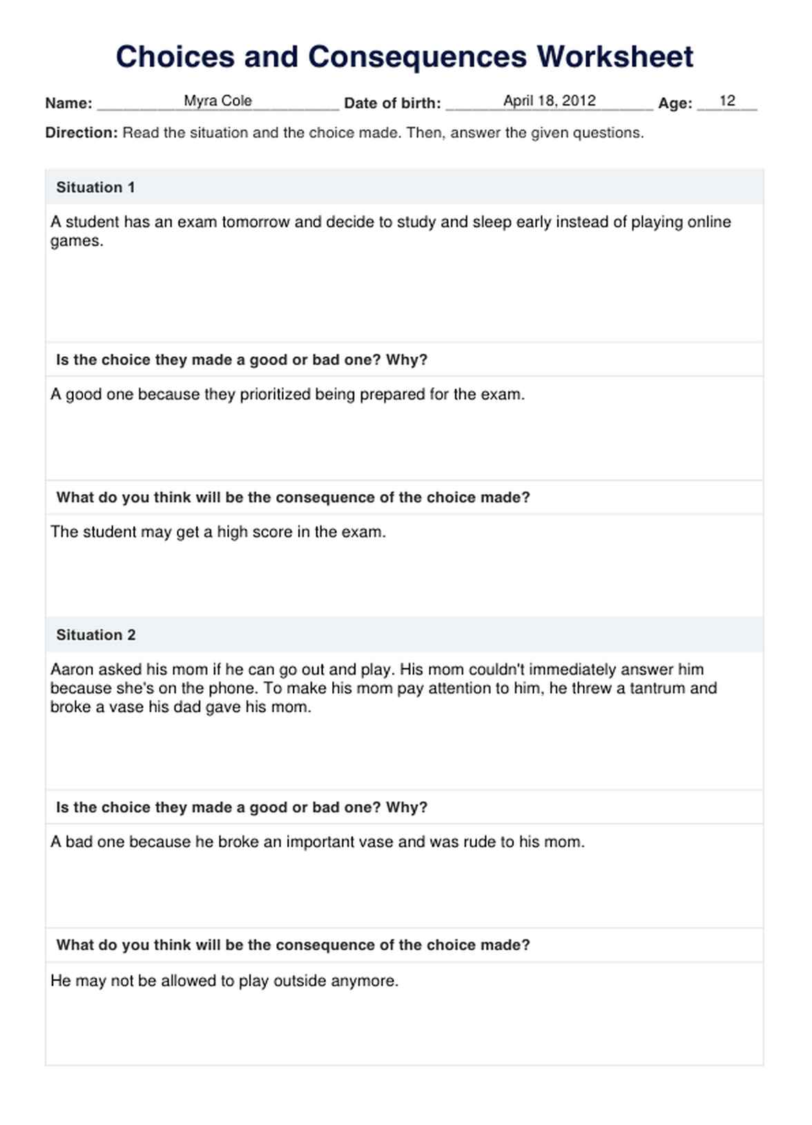 Choices and Consequences Worksheets PDF Example