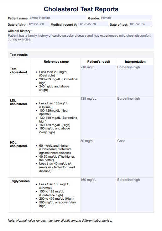 Reporte de prueba de colesterol PDF Example