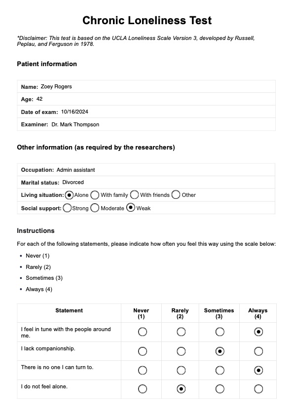 Chronic Loneliness Test PDF Example